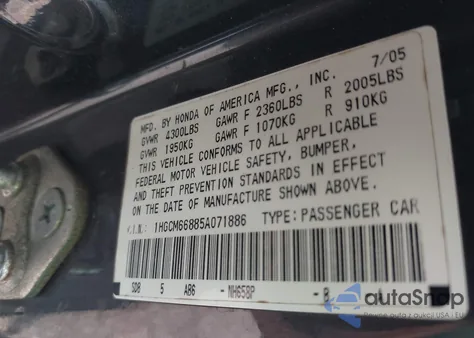 2005 Honda Accord 3.0 Ex from USA, damaged, VIN 1HGCM66885A071886